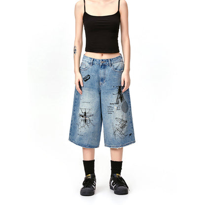 American Style Retro Street Graffiti Printing Destroyed Wormhole Cropped Jeans