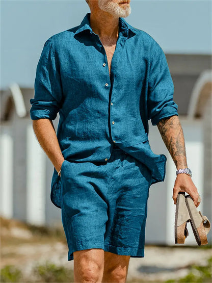 Pring Summer Green Casual Long Sleeved Shirt And Shorts Set