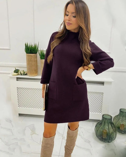 Casual Pocket Round Neck Boutique Dralon Long Sleeve Dress