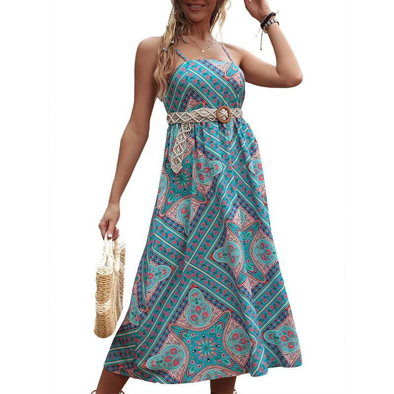 Retro Printing Slip Dress Women's Clothing