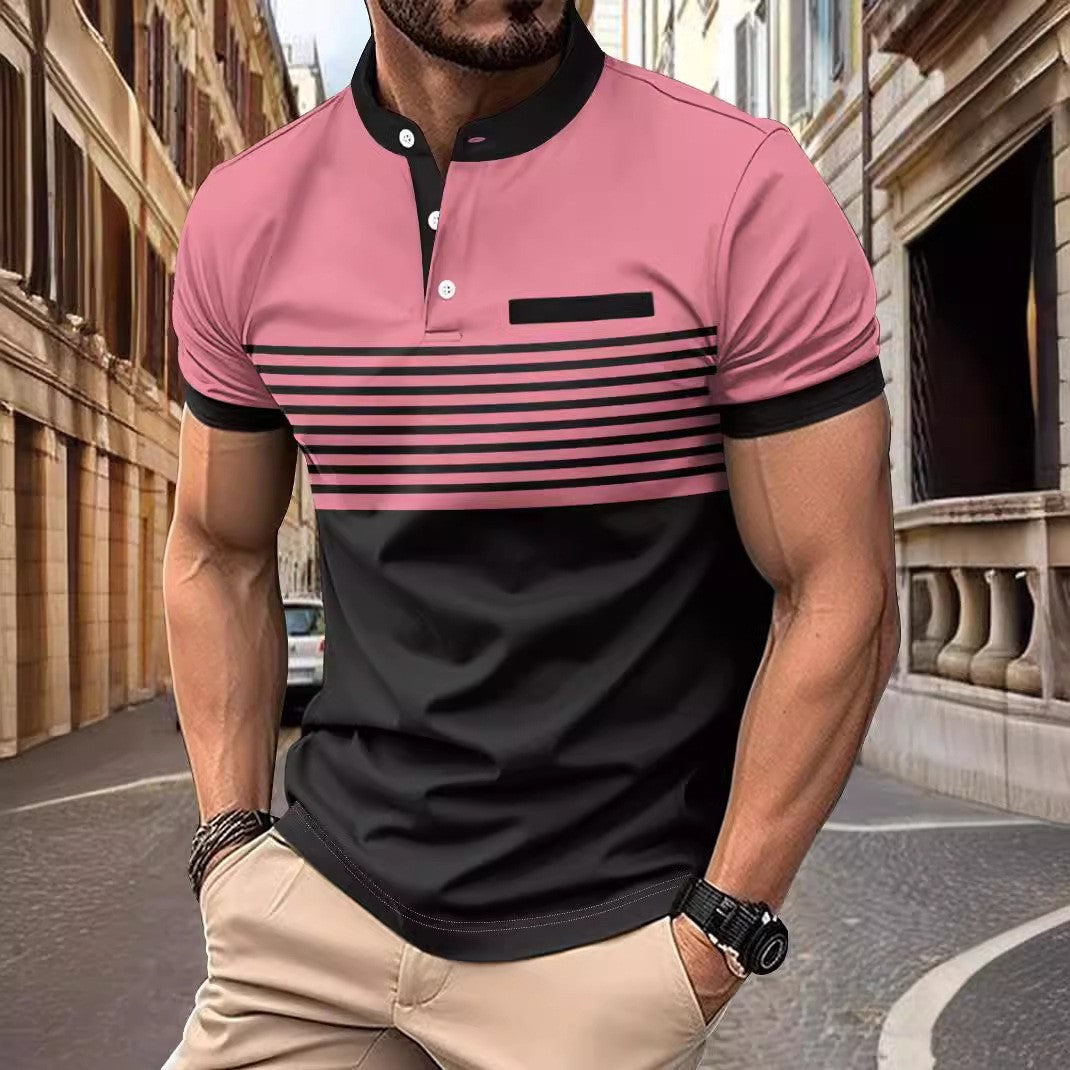 Multicolor Printing Striped Stand Collar Top For Men