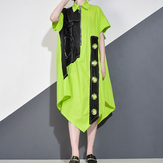 Thin Polo Collar Short Sleeve Irregular Dress