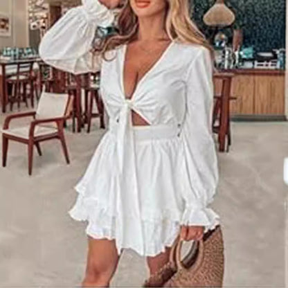V-neck Ruffled Slimming Long Sleeves Short A- Line Dress