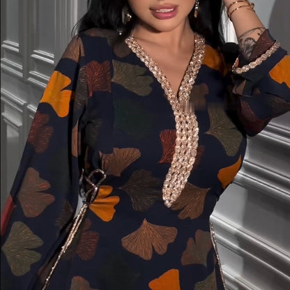 Fashion Printed Dress Ethnic Style Robe With Diamonds Containing Waist Strap