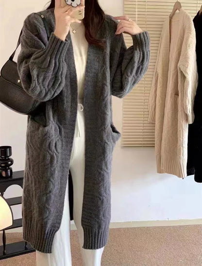 Retro Thickened Knitting Mid-length Outerwear Cable-knit Sweater Coat