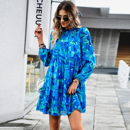 Puff Sleeve Elegant Long Sleeve Printed Dress