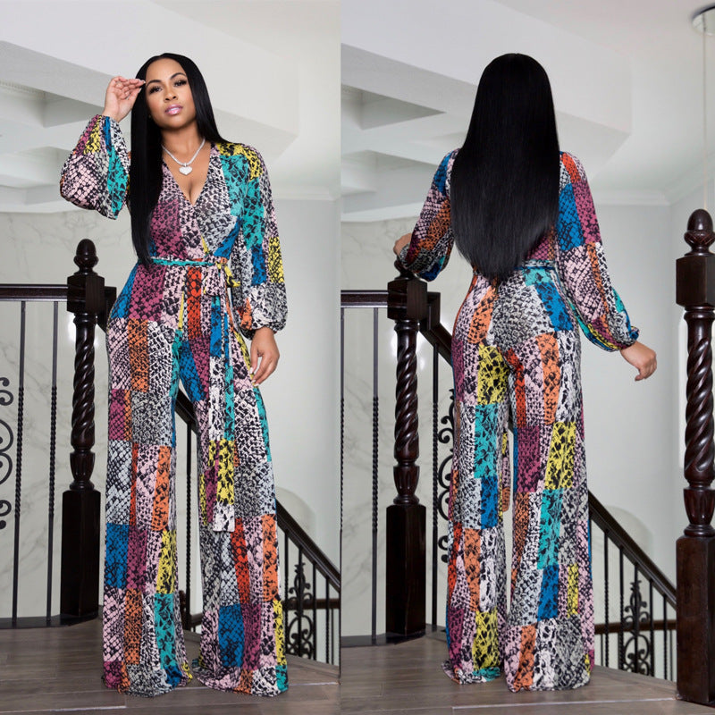 Fashion Printed Flared Long-sleeved Jumpsuit Wide Leg Pants