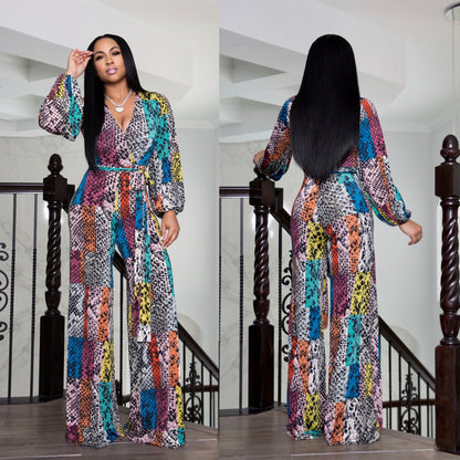 Fashion Printed Flared Long-sleeved Jumpsuit Wide Leg Pants