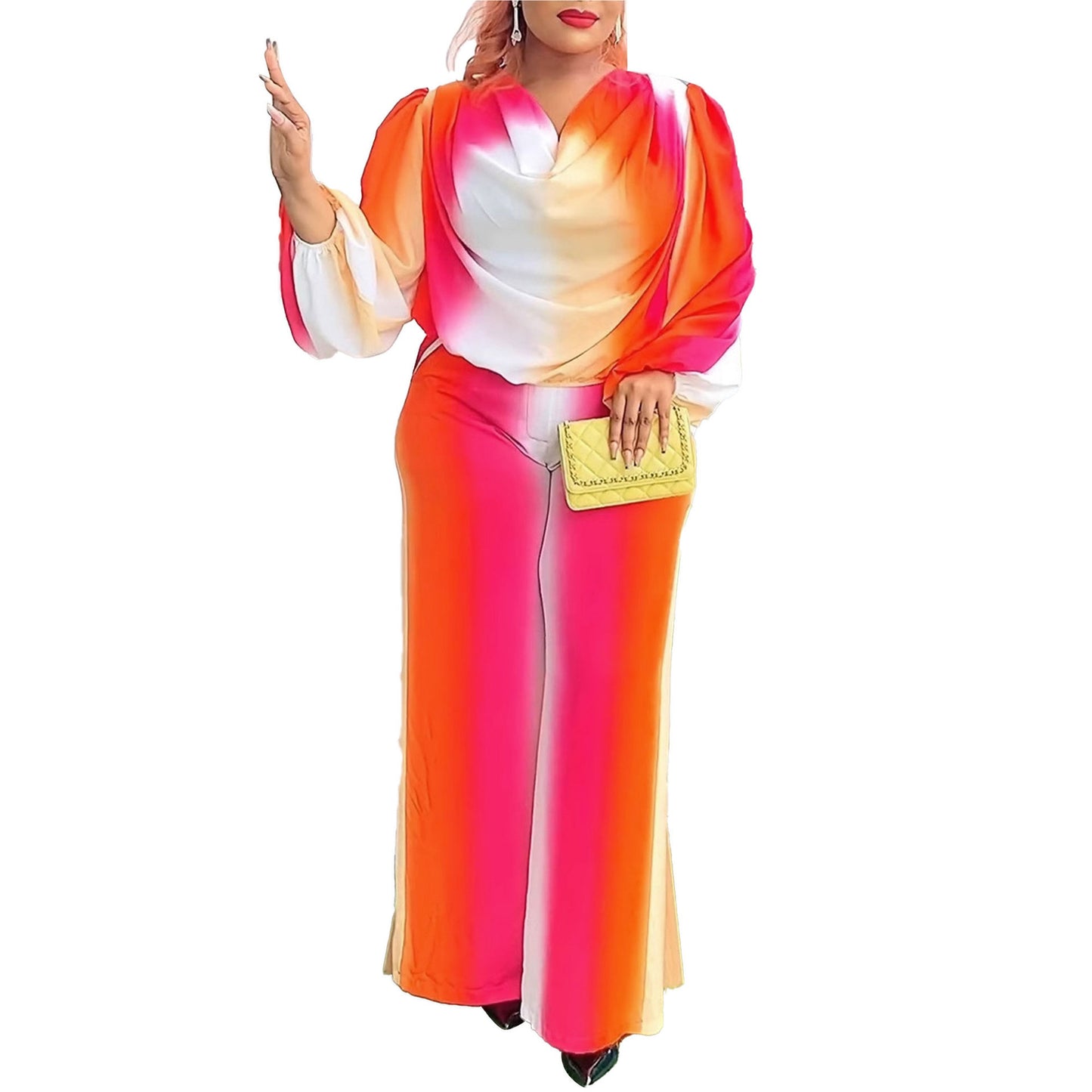 Lantern Sleeve Non-positioning Printed Swing Collar Wide Leg Pants Suit