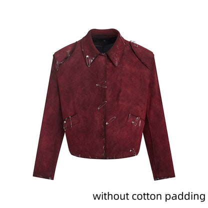 Men's Thick Quilted Flocking Decorative Pin Jacket Coat