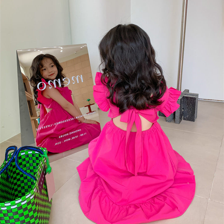 Girls Backless Bow Dress Flounced Sleeve Ruffles