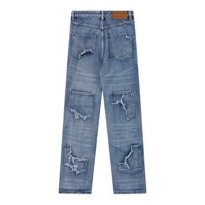 Stitching Hole Loose Denim Trousers Men