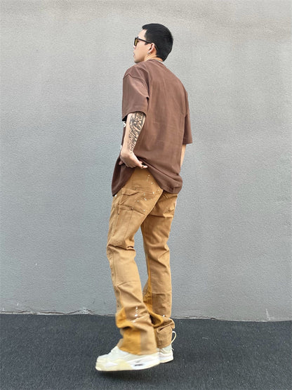 Khaki Men's Vibe Style Splattered Ink Graffiti Micro Flared Pants