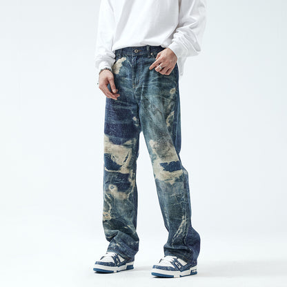 Fake Ripped Jeans Men's Fashion Straight Trousers