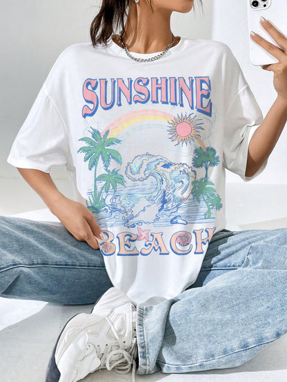Letter And Tropical Printing Off-the-shoulder Women's Short Sleeve