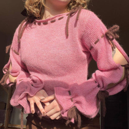 Bell Sleeve Contrast Color Slim Fit Slimming Sweater