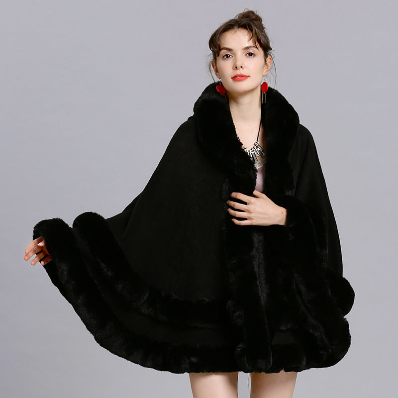 Faux Fox Fur Collar Fur Hooded Knit Cardigan Cape Cape Jacket