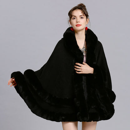Faux Fox Fur Collar Fur Hooded Knit Cardigan Cape Cape Jacket