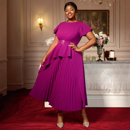 Women's Round Neck Short Sleeve Ruffled Long Pleated Dress