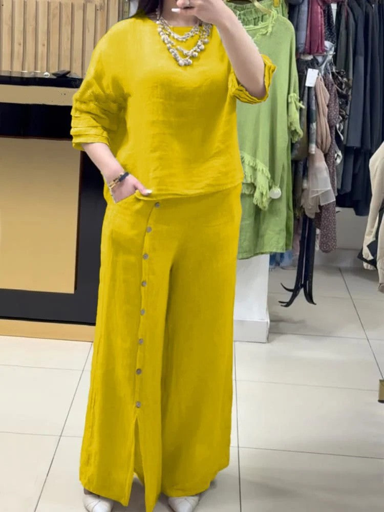Women's Fashion Casual Loose Solid Color Cotton Linen Short Sleeve Shirt Two-piece Pants Long