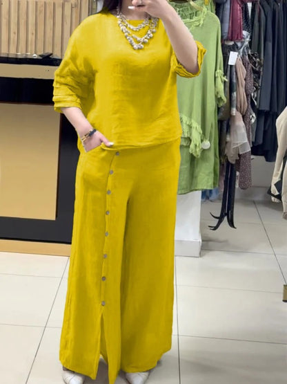 Women's Fashion Casual Loose Solid Color Cotton Linen Short Sleeve Shirt Two-piece Pants Long