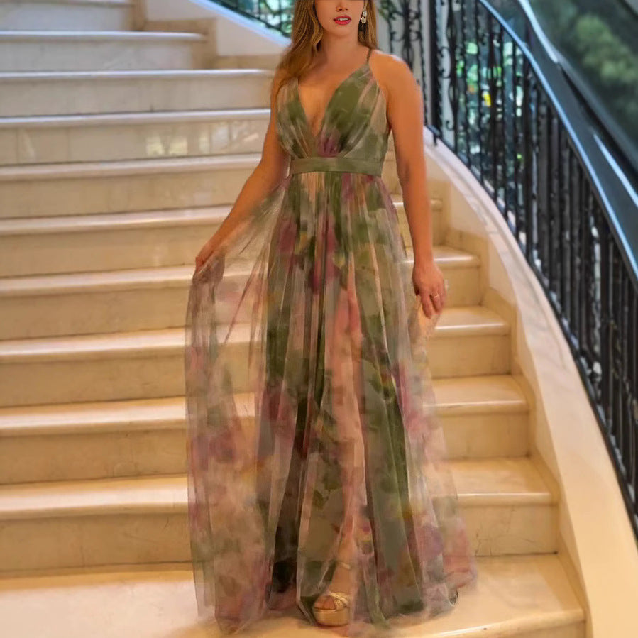 Women's Mesh Floral Print Suspender Dress