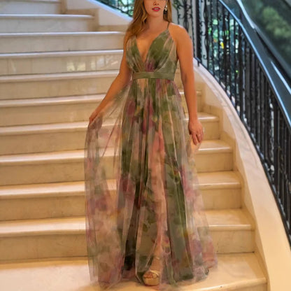 Women's Mesh Floral Print Suspender Dress