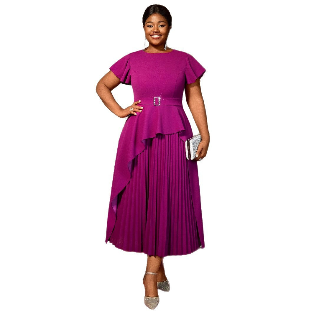 Women's Round Neck Short Sleeve Ruffled Long Pleated Dress