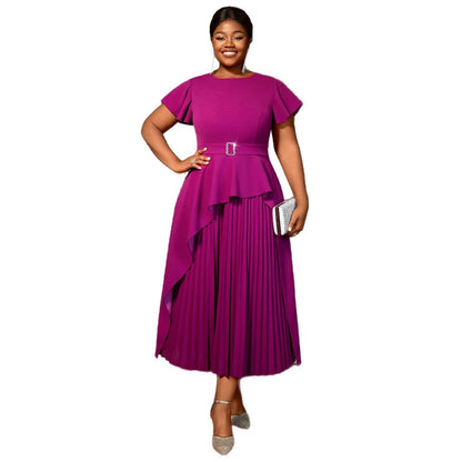 Women's Round Neck Short Sleeve Ruffled Long Pleated Dress