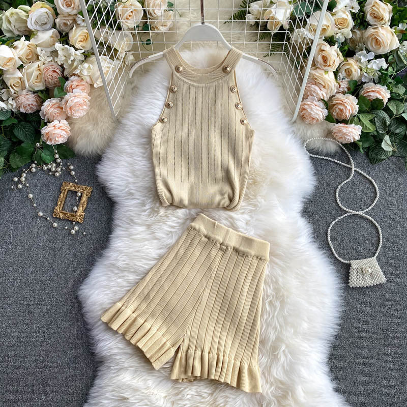 Short Waist Trousers Camisole Vest Off-the-shoulder Sling All-match High-knit Suit