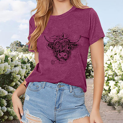 Women's Bull Head Print Short Sleeve T-Shirt Casual Crew Neck Summer Graphic Tee