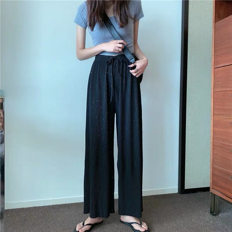 Loose Straight Pleated Ice Silk Leggings Draped Pants Thin High Waist