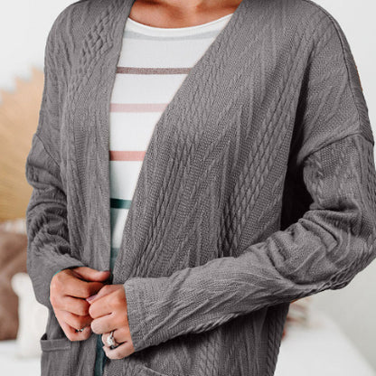Medium Grey Solid Textured Open Front Cardigan With Pocket