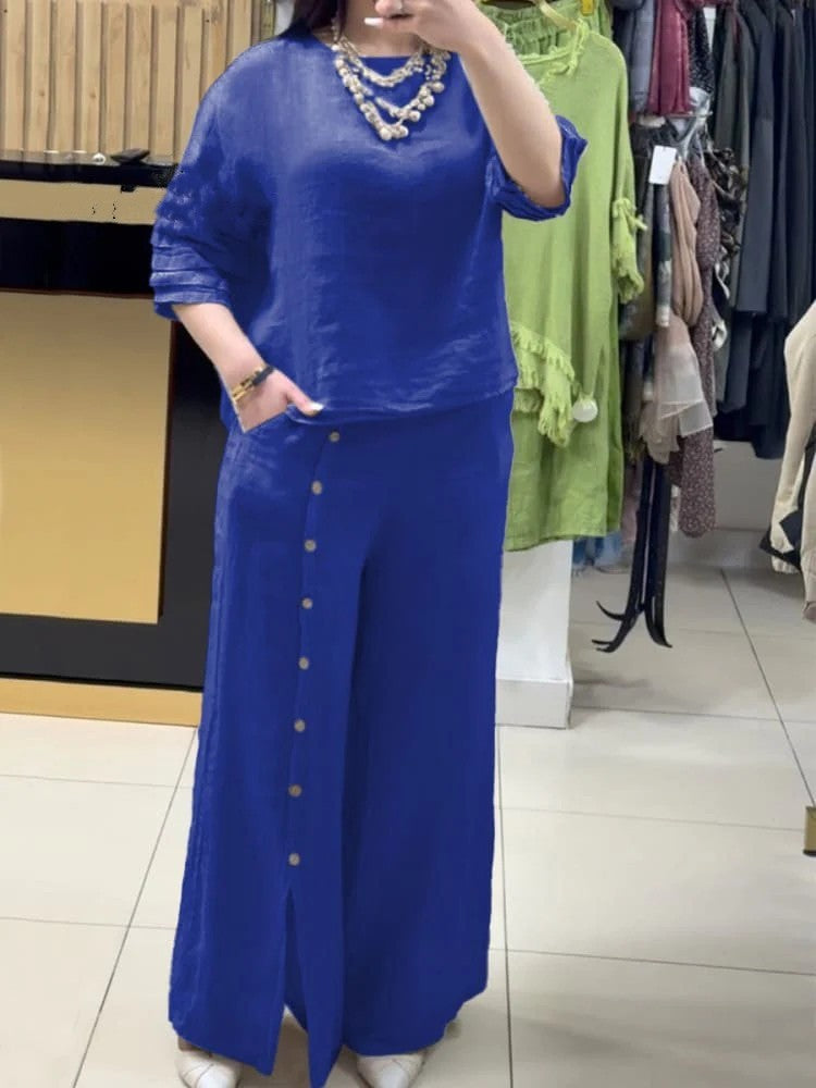 Women's Fashion Casual Loose Solid Color Cotton Linen Short Sleeve Shirt Two-piece Pants Long