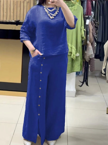 Women's Fashion Casual Loose Solid Color Cotton Linen Short Sleeve Shirt Two-piece Pants Long