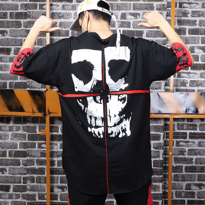Short Front And Long Back Punk Trend Hip-hop Hole Hit Color Fake Two Sleeve T-shirts