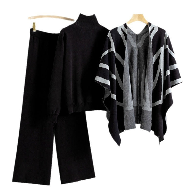 New Elegant Knitted Sweater Shawl Wide Leg Pants Three-piece Set