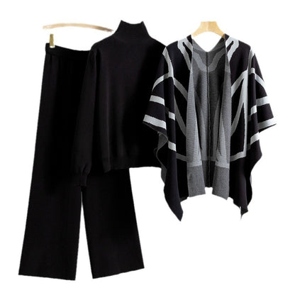 New Elegant Knitted Sweater Shawl Wide Leg Pants Three-piece Set