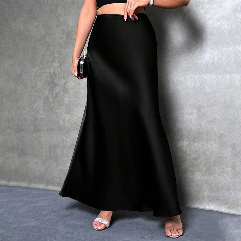 Women's Elegant Satin High Waist Flared Midi Skirt Cocktail Party Wedding Long Skirt