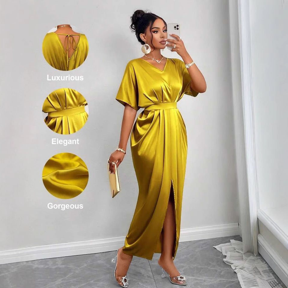 V-neck Short Sleeve High Waist One-step Slit Dress