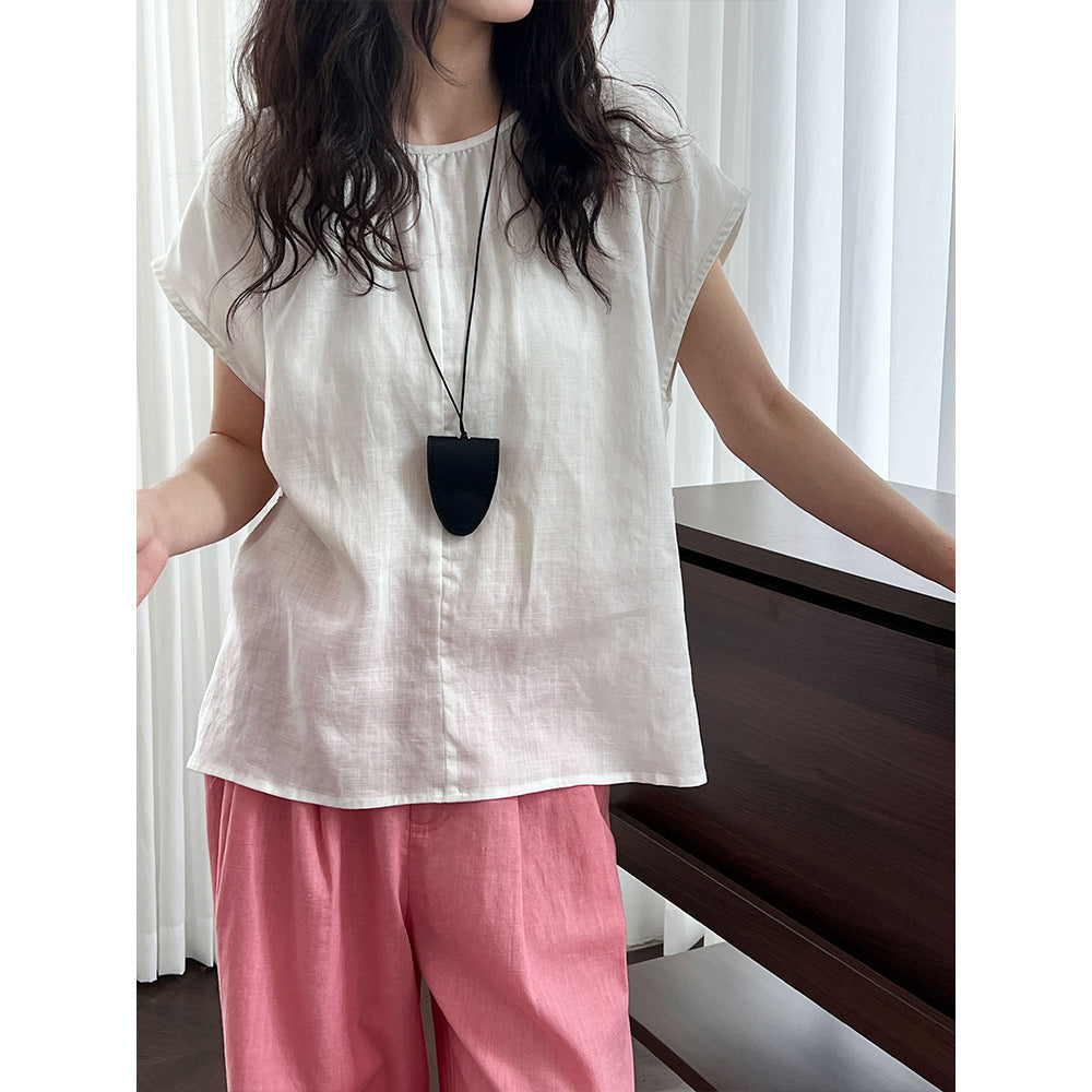 Tencel Linen Round Neck Waist Trimming Shirt For Women