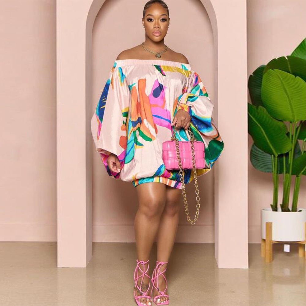 Off Shoulder Satin Printed Bat Sleeve Dress
