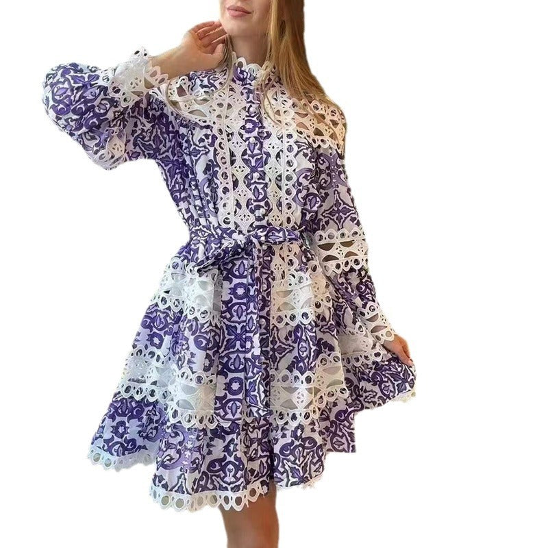 Retro Heavy Industry Elegant Printed Hollow Stand Collar Long Sleeve Dress
