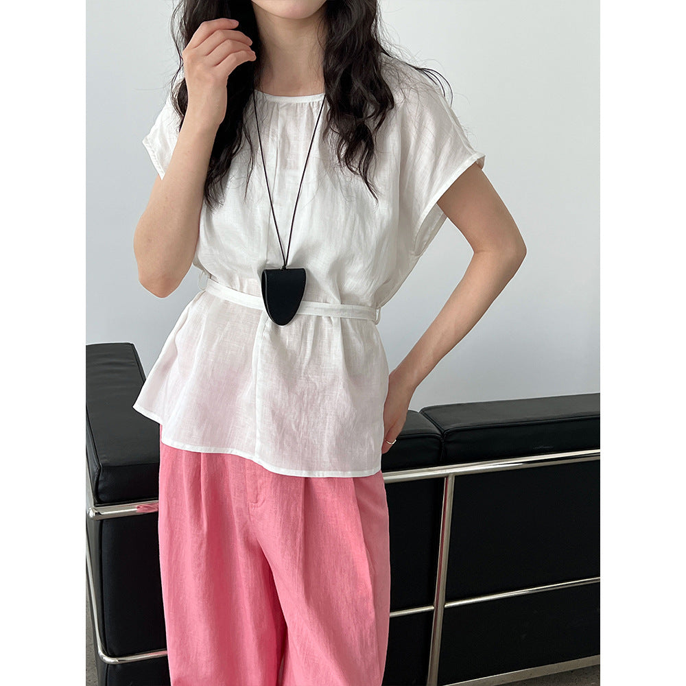 Tencel Linen Round Neck Waist Trimming Shirt For Women