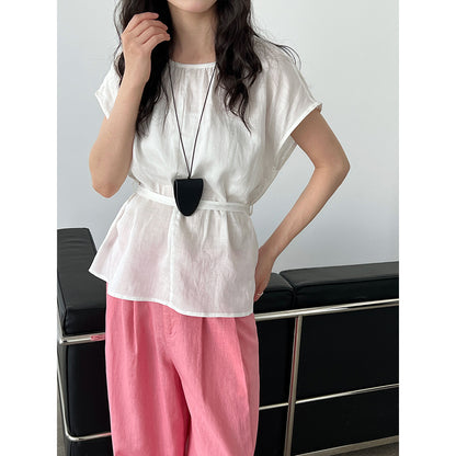 Tencel Linen Round Neck Waist Trimming Shirt For Women