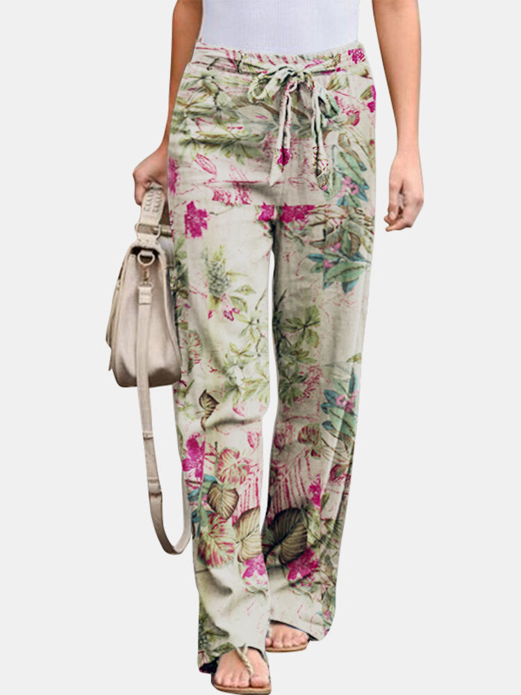 Printed Cotton And Linen Casual And Comfortable Elastic Waist Women's Trousers