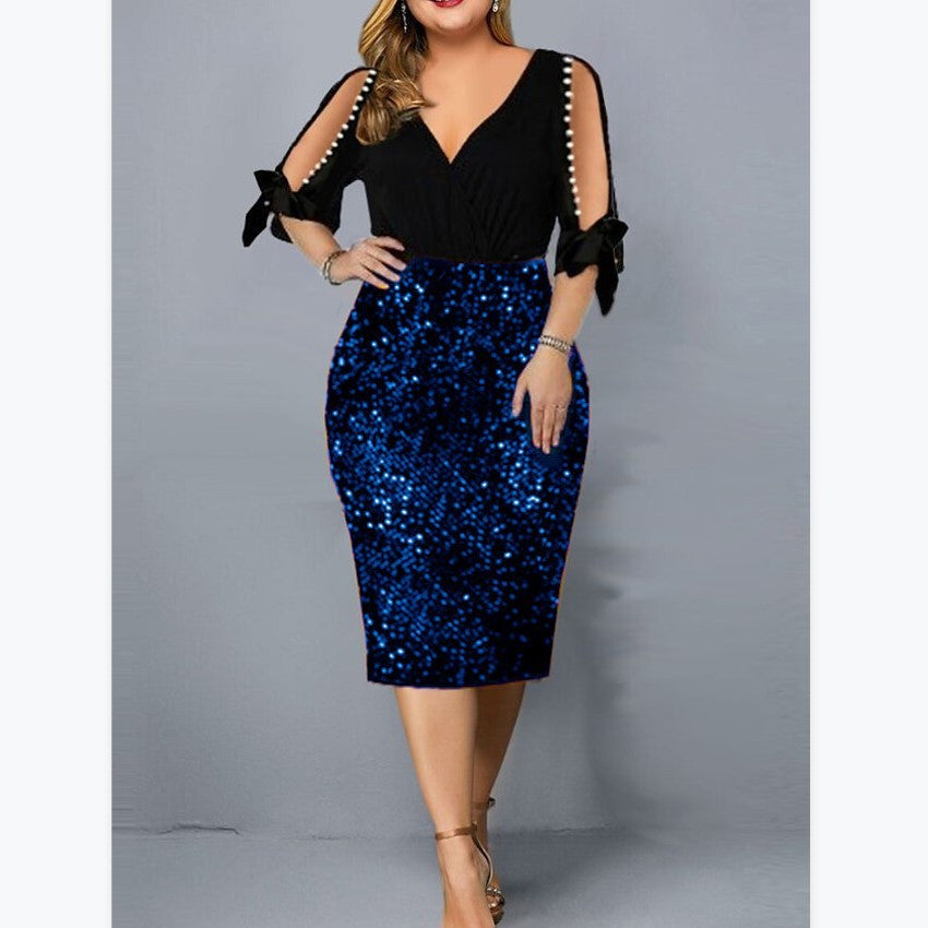 New V-neck Personality Sequins Plus Size Women's Dress