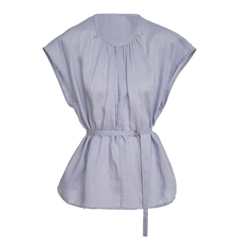 Tencel Linen Round Neck Waist Trimming Shirt For Women