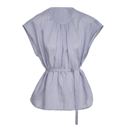 Tencel Linen Round Neck Waist Trimming Shirt For Women