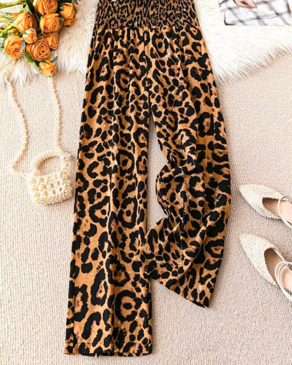 Leopard Print Floral Print Casual Jumpsuit Elastic Waist Loose Wide Leg Pants